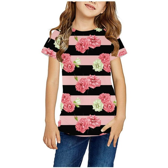 Zwiiyzr Girls Boys Summer Tops Shirts Short Sleeve Top Cute Crew Neck Graphic Tshirts 3-14 Years Multicolor