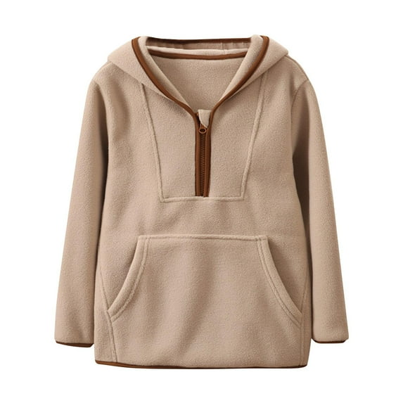 Zwiiyzr Girls Boys and Toddlers Polar Fleece Hoodie Solid Color Full-Zip Fleece Lined Hooded Coat with Pockets for Children 3-14 Years Khaki