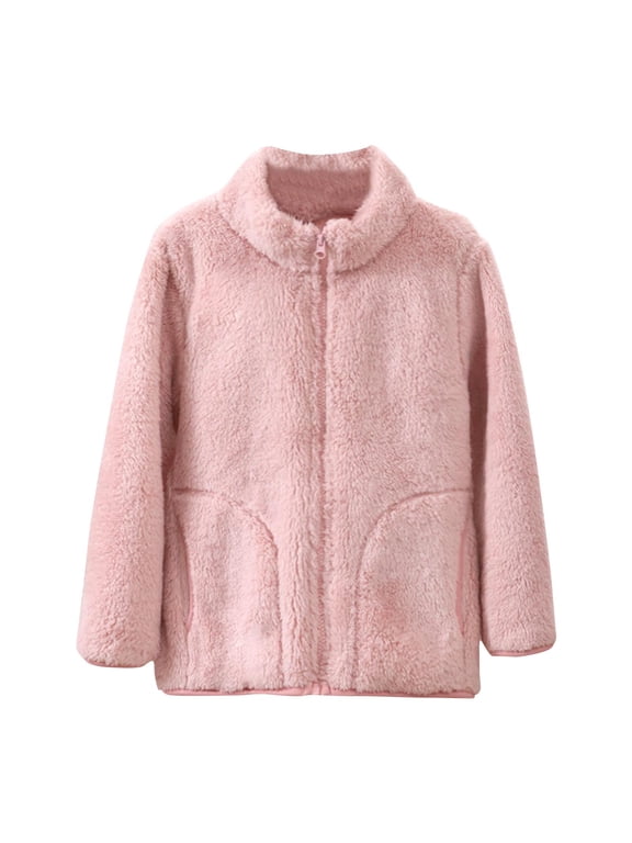 Girls Boys and Toddlers Polar Fleece Jacket Full-Zip Mock Thick Warm Fleece Lined Coat with Pockets for Children 3-16 Years Pink