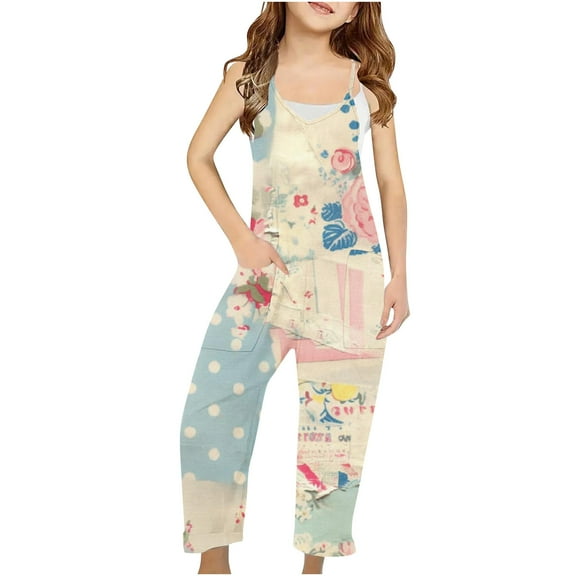 Zwiiyzr Girls' Casual Leopard Print Sleeveless Jumpsuits Spaghetti Strap Loose Overalls Pants Casual Long Romper with Pockets 5-14Y Multicolor