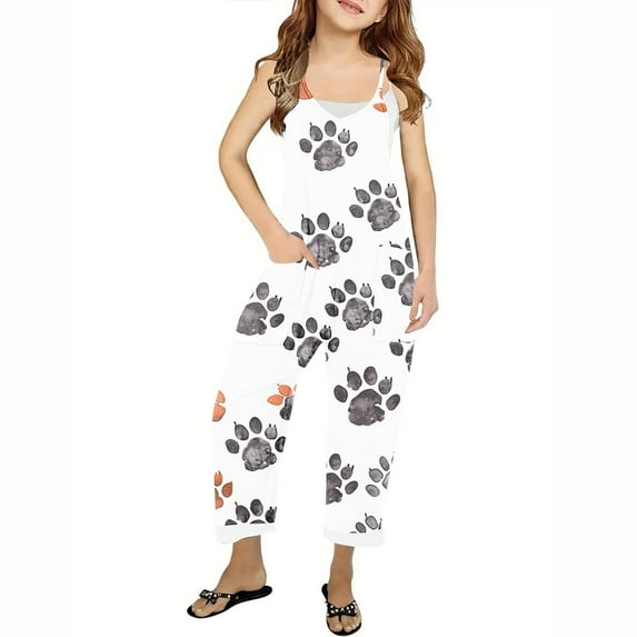 Zwiiyzr Girls' Casual Printed Sleeveless Jumpsuits Spaghetti Strap Loose Overalls Pants Casual Long Romper with Pockets 5-14Y Multicolor