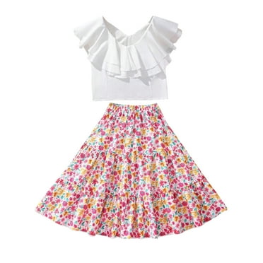 Zwiiyzr Girls Dress Sets Back To School T-Shirt Flowy Skirts 2 Piece Outfit Set Toddler Girl 6-14 Years White