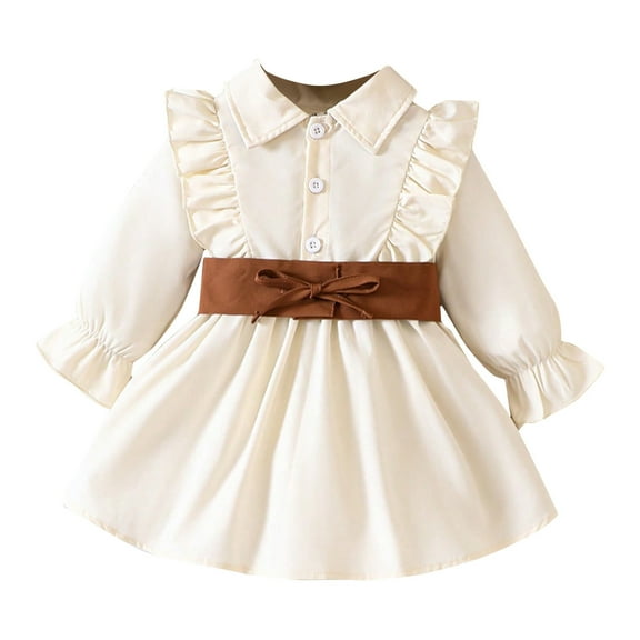 Zwiiyzr Girls' Kids Long Sleeve Shirt Dresses with Belt Baby Girls' Ruffled Front Collar Neck Casual Button Down Shirt Dress 6M-3T Beige