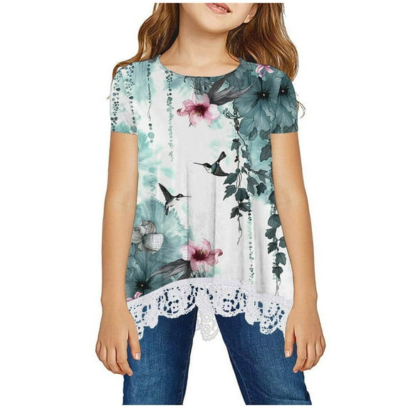 Zwiiyzr Girls Short Sleeve Shirts Summer Lace Trim Floral Printed Crewneck Tops Casual Tees Blouse for 3-14 Years Multicolor