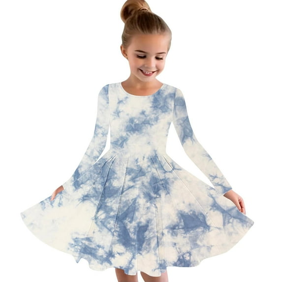 Zwiiyzr Girls Tie-Dye Dress Long Sleeve A Line Twirly Skater Stretchy Dress for School Party 4-14 Years Camouflage