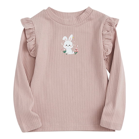 Zwiiyzr Kids Girl Thermal Shirt Long Sleeve Undershirt 1-10 Years Fashion Rabbit Ruffle Bottom Shirt Pullover Round Neck Top Pink