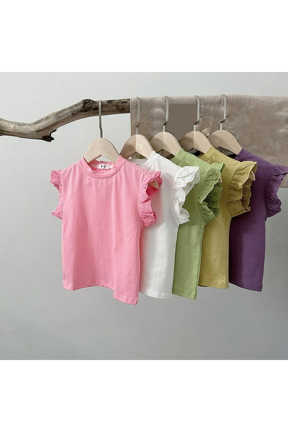 Kids Girls Summer Ruffled Sleeve Tops Cotton Crew Neck Cute T-Shirt Lace Trim Tops Blouse for 2-8 Years Yellow