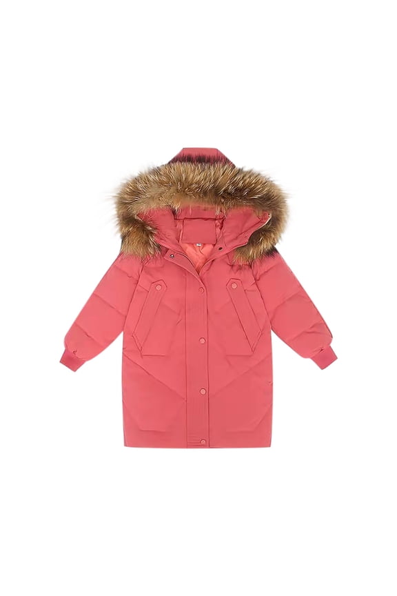 Kids Girls Winter Coats Solid Color Big Collar Hooded Cotton Coat Thickened Medium and Large Kids Jacket 10-14 Years Pink