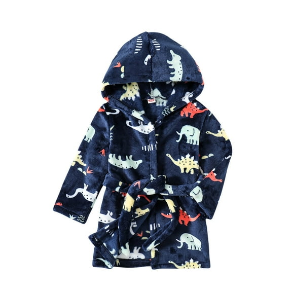 Zwiiyzr Kids Toddler Boys Girls Dinosaur Fleece Robe Soft Long Sleeve Hooded Flannel Bathrobe Pajamas Sleepwear 6M-4T Navy