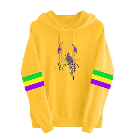 Zwiiyzr Long Sleeve Hooded Sweatshirt for Women Colorful Festival Print Cozy Fleece Pullover Warm Comfortable Fall Winter Streetwear Yellow