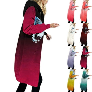 Lovskoo 2024 Winter Coats for Women 2023 Trendy Zip Up Hoodies Fleece Jacket Gradient Printed Loose Sleeved Hoodie Outerwear Top Long Jacket Red