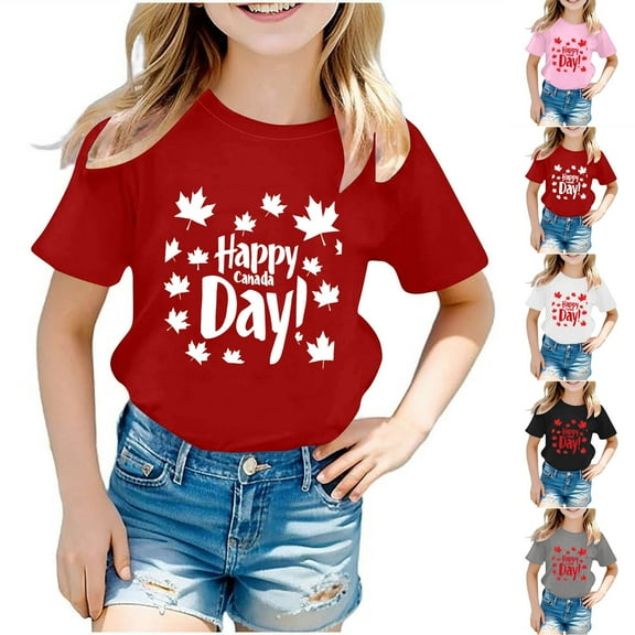 Zwiiyzr Summer Boys Girls T-Shirt "Happy Day Canada Day" Graphic Crewneck Short Sleeve Printed Tee Shirt Tops for Kids Teens 3-12 Years Red