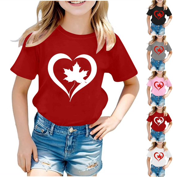 Zwiiyzr Summer Boys Girls T-Shirt "Happy Day Canada Day" Graphic Crewneck Short Sleeve Printed Tee Shirt Tops for Kids Teens 3-12 Years White