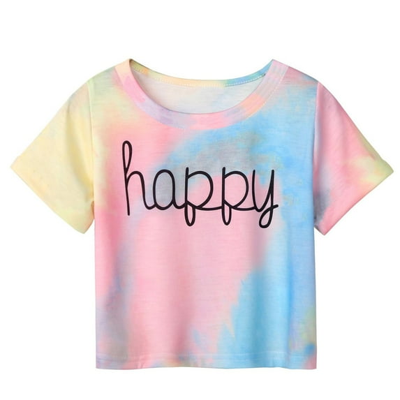 Zwiiyzr Summer Shirts for Kids Girls and Boys Short Sleeve Tie-Dye T-Shirt Round Neck Crop Top for 3-14 Years T-Shirt Tee for 3-11 Years Beige