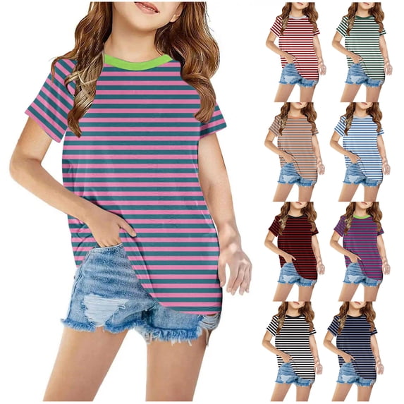 Zwiiyzr Summer Striped Shirts for Girls and Boys Short Sleeve Graphic T-Shirt Round Neck Tops for 3-14 Years T-Shirt Tee Burgundy