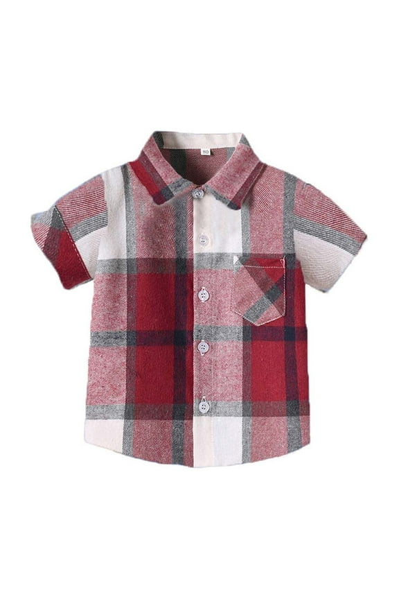 Toddler Baby Boys Girls Button Down Shirt Summer Short Sleeve Plaid Shirts (3M-5T) Red