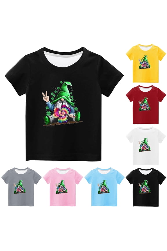 Toddler Baby Boys Girls Summer Clothes Trendy Cute Solid Color Round Neck St. Patrick'S Day Print Short Sleeve Top Sky Blue