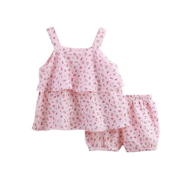 Zwiiyzr Toddler Baby Girl Summer 2Pcs Outfit Sleeveless Ruffled Peplum Top and Cotton Shorts Set Solid Color Clothes Pink