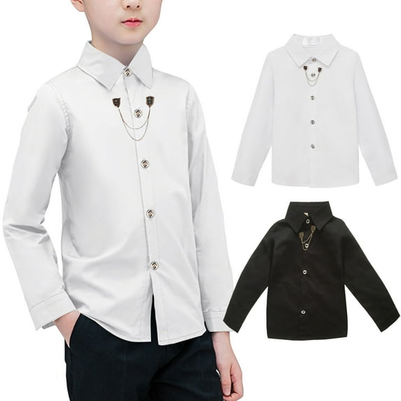 Zwiiyzr Toddler Big Kids Little Boys Long Sleeve Button Down Casual Dress Shirt Kids Fall Tops 2-13 Years White