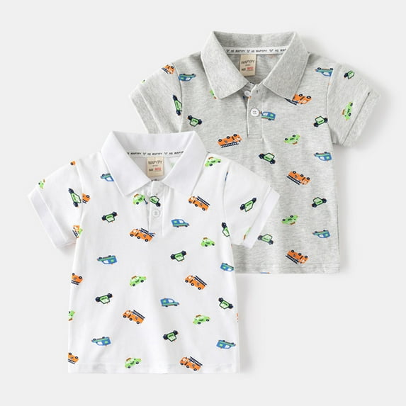Zwiiyzr Toddler Boys' Casual Short Sleeve Tops Summer Turndown Collar Botton Down Printed Vocation Shirts for 3-8 Years Gray