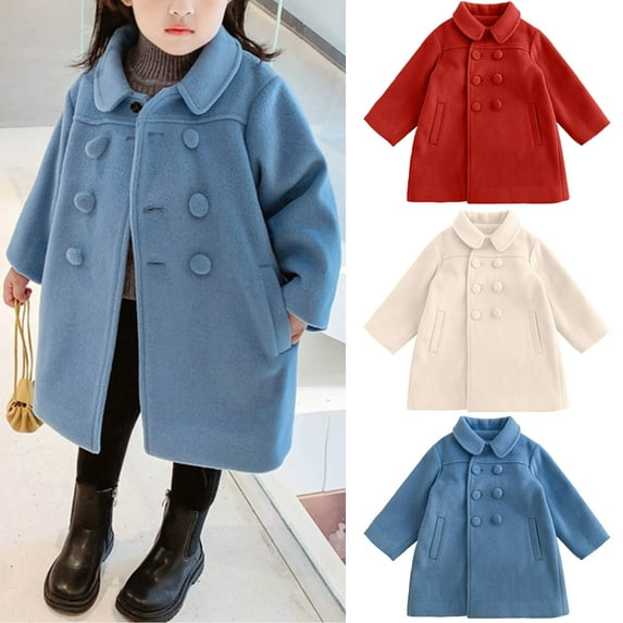Zwiiyzr Toddler Girls Pea Coat Notched Lapel Collar Jacket Kids Long Sleeve Button Pocket Long Winter Peacoat Outerwear Red