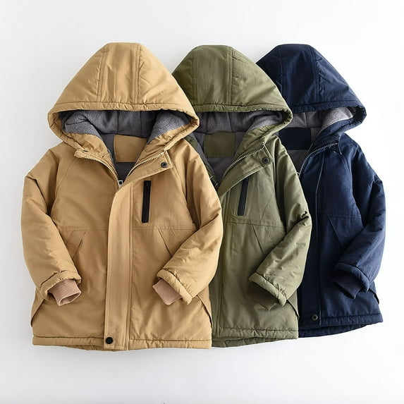 Zwiiyzr Toddler Kids Boys Girls Ski Jacket Waterproof Winter Coat Cute Solid Color Fleece Lined Thick Casual Keep Warm Pocket Hooded Coat Jacket 3-14 Years Army Green