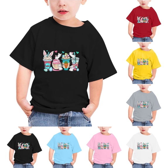 Zwiiyzr Toddler Kids Boys Girls Summer Clothes Trendy Cute Solid Color Round Neck Happy Easter Print Short Sleeve Top Gray