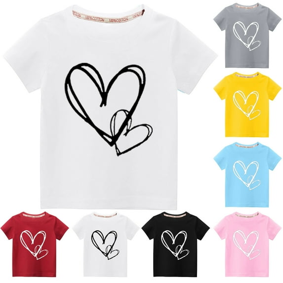 Zwiiyzr Toddler Kids Boys Girls Summer Clothes Trendy Heart Print Cute Solid Color Round Neck Short Sleeve Top Pink
