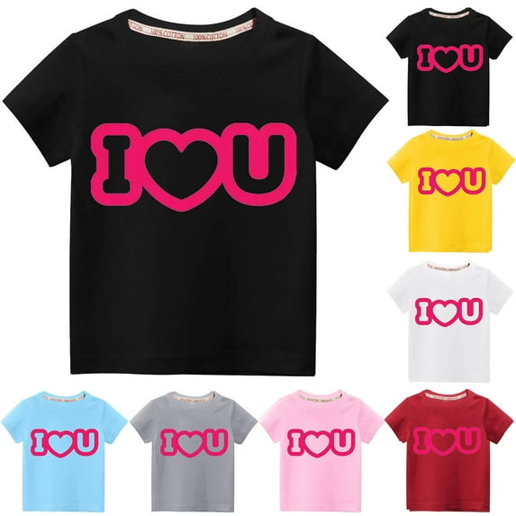 Zwiiyzr Toddler Kids Boys Girls Summer Clothes Valentine'S Day Heart Print Trendy Cute Solid Color Round Neck Short Sleeve Top for 3-10 Years Blue