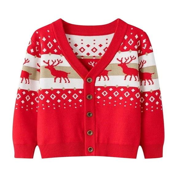 Zwiiyzr Unisex Toddler Baby Boy' Girls' Cardigans Sweater Christmas Snowflake Deer V-Neck Long Sleeve Button Knit Sweaters for 2-7 Years Red