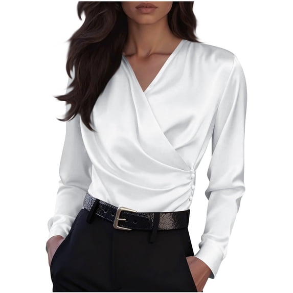 Zwiiyzr Womens Casual Solid Color V Neck Shirt Long Sleeve Loose Fit Blouse Soft Breathable Comfortable Office Wear Daily Basic Top White
