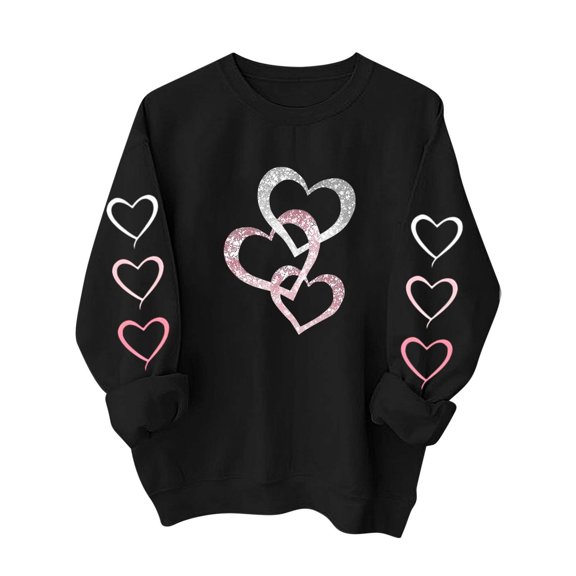 Zwiiyzr Womens Crewneck Pullover Sweatshirt Long Sleeve Love Hearts Graphic Print French Terry Casual Top Cozy Relaxed Fit Fall Winter Black