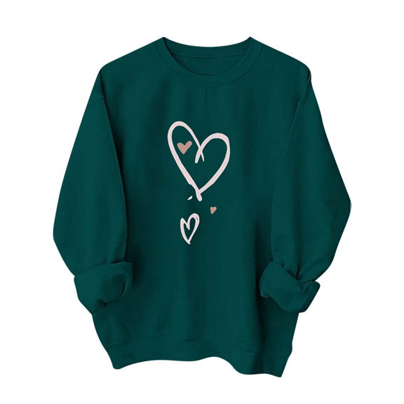 Zwiiyzr Womens Crewneck Pullover Sweatshirt Long Sleeve Love Hearts Graphic Print French Terry Casual Top Cozy Relaxed Fit Fall Winter Green