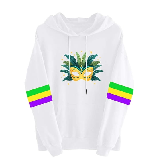 Zwiiyzr Womens Long Sleeve Hooded Sweatshirt Colorful Festival Graphic Print Cozy Fleece Pullover Warm Comfortable Fall Winter Streetwear White