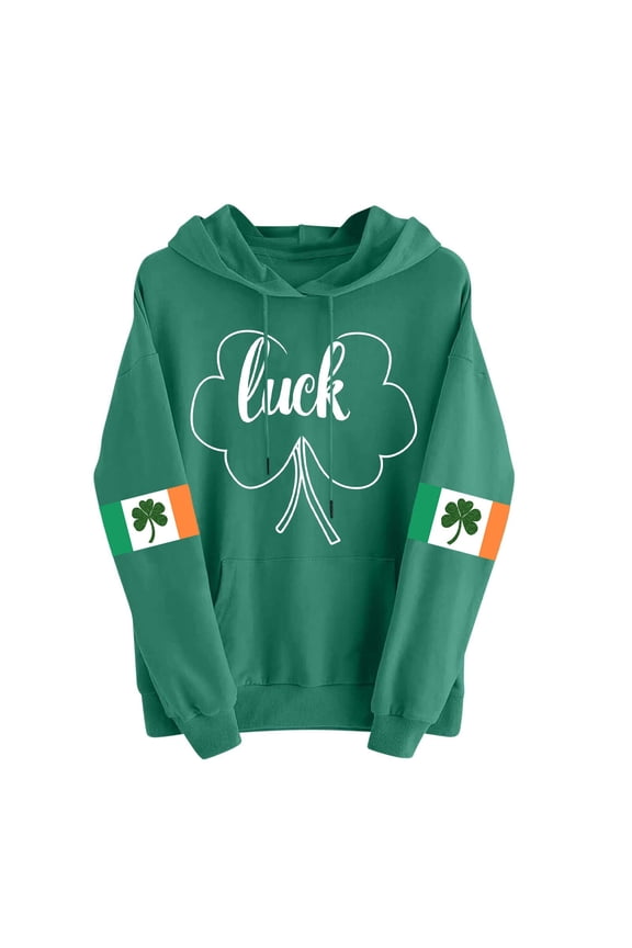 Womens Long Sleeve Hooded Sweatshirt Lucky Shamrock Print Green Theme Pullover Cozy Fleece Relaxed Fit Fall Winter Streetwear Green