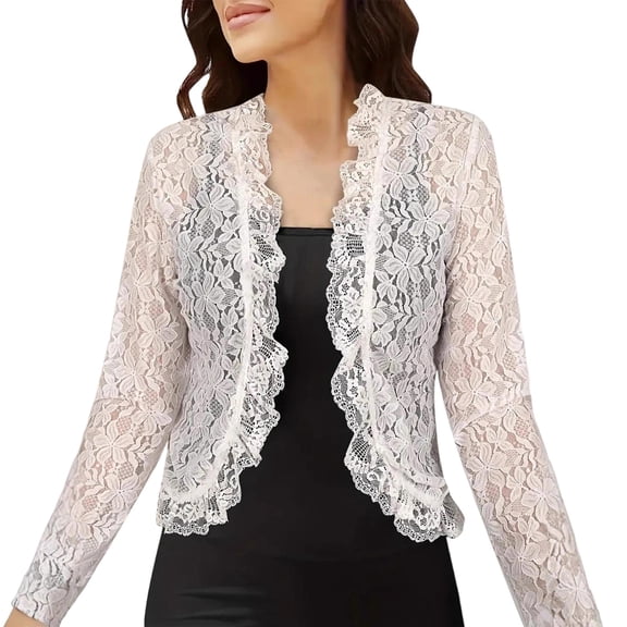 Zwiiyzr Womens Long Sleeve Lace Trim Kimono Open Front Summer Cover Up Lightweight Sheer Fabric Loose Fit Bohemian Dressy Beach Resort Wear White