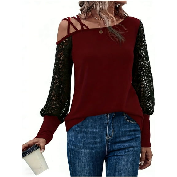 Zwiiyzr Womens Long Sleeve T-Shirt with Lace Trim Detail Casual Loose Fit Blouse Solid Color Feminine Dressy Top For Spring Fall Wear Burgundy