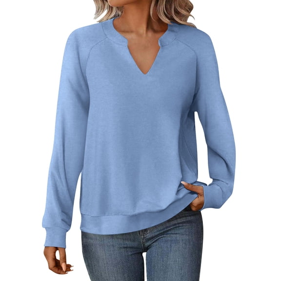Zwiiyzr Womens Long Sleeve V Neck Casual Top Solid Color French Terry Fabric Relaxed Fit Blouse Comfortable Soft Lounge Daily Wear Blue