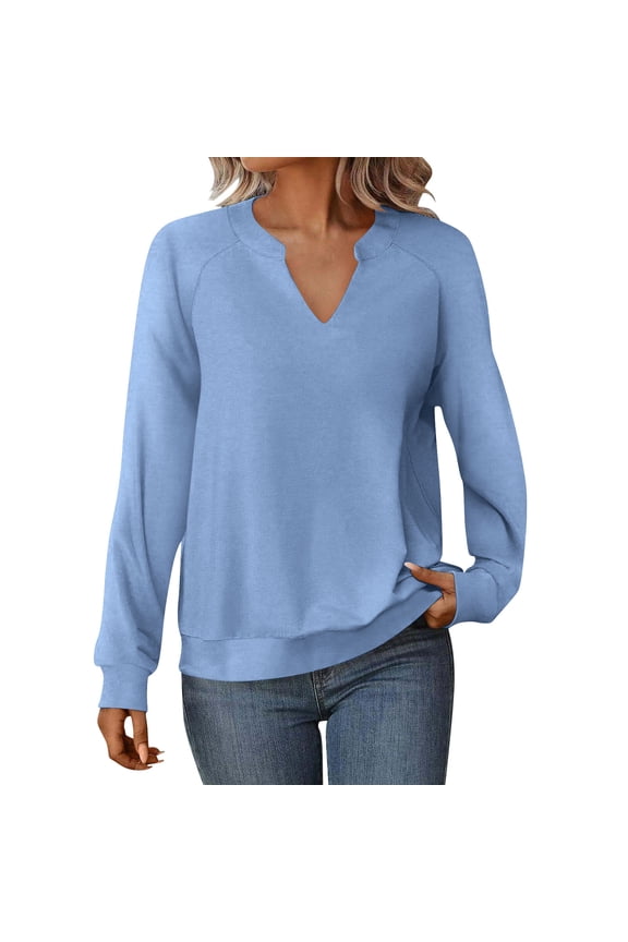 Womens Long Sleeve V Neck Casual Top Solid Color French Terry Fabric Relaxed Fit Blouse Comfortable Soft Lounge Daily Wear Blue