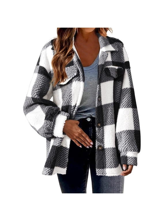 Womens Plaid Shacket Button Down Long Sleeve Shirt Coat Fall Winter Flannel Jacket Loose Shirts with Pocket Black