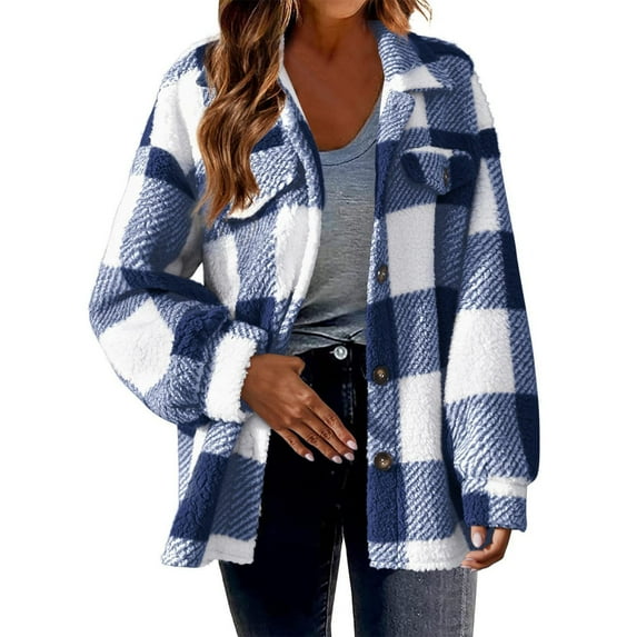 Zwiiyzr Womens Plaid Shacket Button Down Long Sleeve Shirt Coat Fall Winter Flannel Jacket Loose Shirts with Pocket Blue