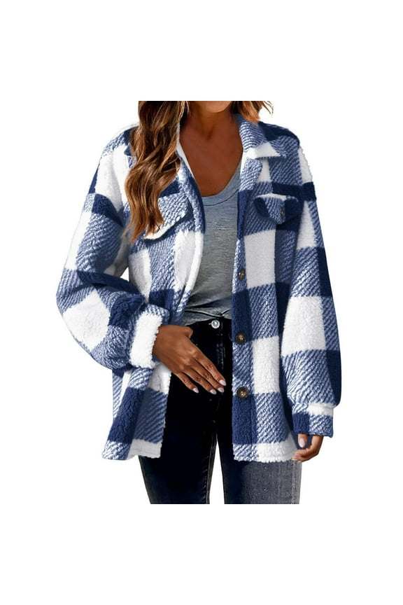 Womens Plaid Shacket Button Down Long Sleeve Shirt Coat Fall Winter Flannel Jacket Loose Shirts with Pocket Blue