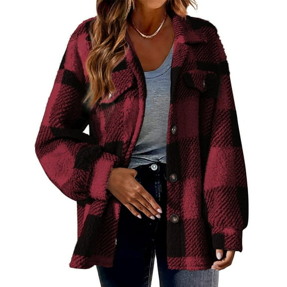 Zwiiyzr Womens Plaid Shacket Button Down Long Sleeve Shirt Coat Fall Winter Flannel Jacket Loose Shirts with Pocket Red