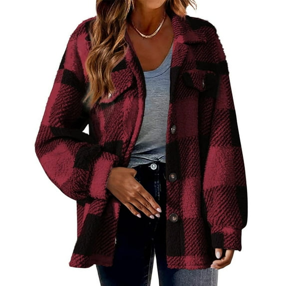 Zwiiyzr Womens Plaid Shacket Button Down Long Sleeve Shirt Coat Fall Winter Flannel Jacket Loose Shirts with Pocket Red