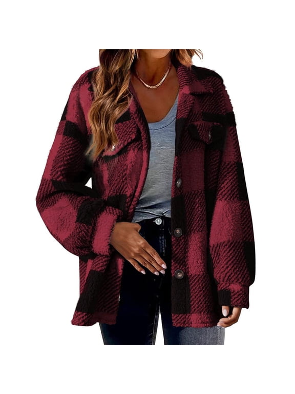 Womens Plaid Shacket Button Down Long Sleeve Shirt Coat Fall Winter Flannel Jacket Loose Shirts with Pocket Red