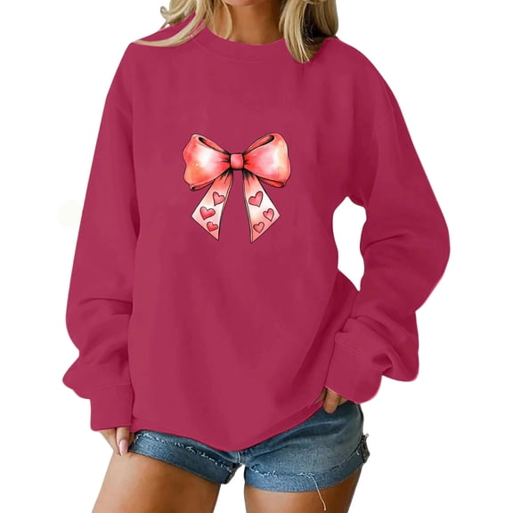 Zwiiyzr Womens Ribbon Bow & Love Heart Print Crewneck Sweatshirt Long Sleeve Casual Pullover Cozy Fleece Relaxed Fit Sweet Romantic Style Hot Pink