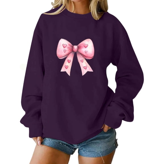 Zwiiyzr Womens Ribbon Bow & Love Heart Print Crewneck Sweatshirt Long Sleeve Casual Pullover Cozy Fleece Relaxed Fit Sweet Romantic Style Purple