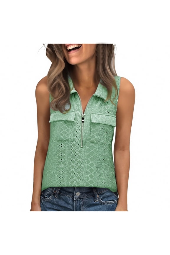 Womens Sleeveless Quarter Zip Top Shirt Collar V Neck Business Casual Blouse Lightweight Breathable Summer Office Wear Smart Outfit Green