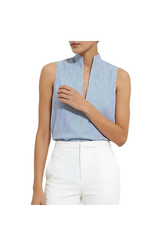 Womens Sleeveless Stripe Shirt Casual Dressy Blouse Button Down Top Classic Breton Style For Summer Office Smart Casual Or Beach Cover Blue