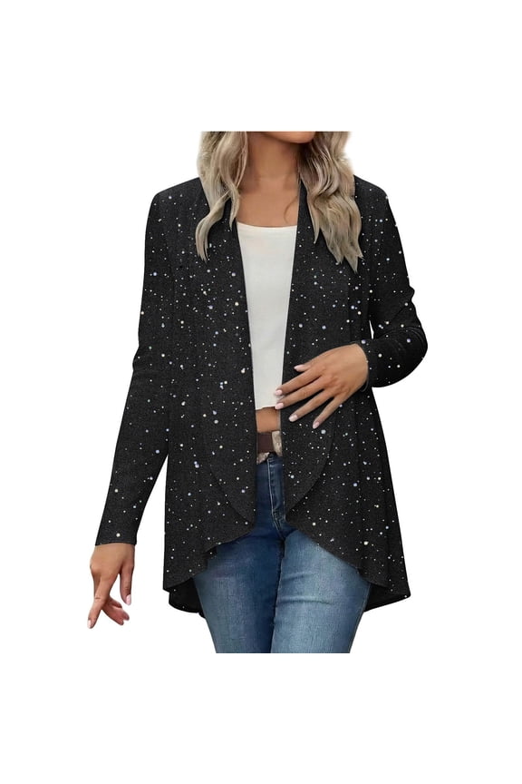 Womens Solid Color Cardigan Silver Foil Print Open Front Sweater Casual Loose Fit Long Sleeve Comfortable Lightweight Spring Fall Layer Black